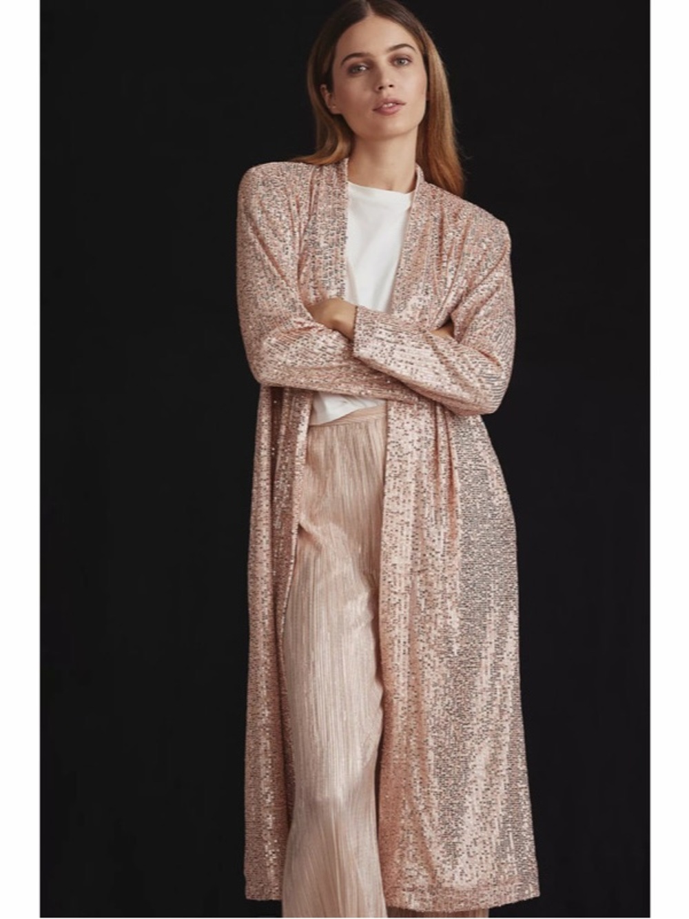 Anthropologie Mare Mare Sequin Duster Pink Open Front Womens Size M